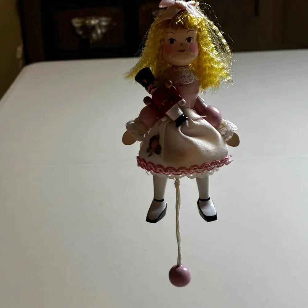 Vintage Wooden Pull String Angel Ornament w Nutcracker Pink Christmas Decoration